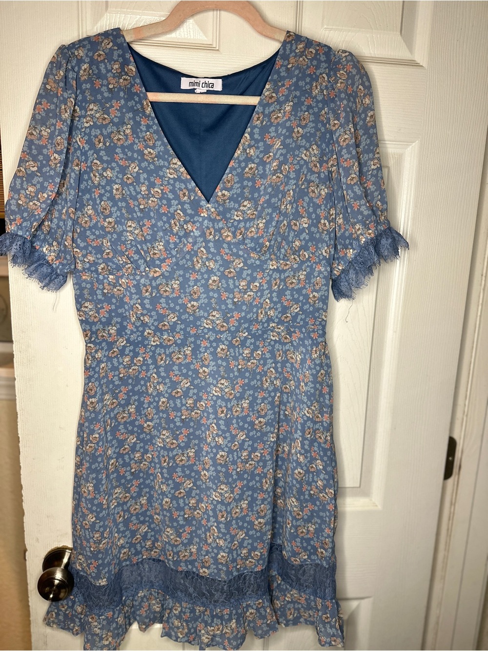 Mimi Chica Blue Floral Midi Dress with Fringe Trim